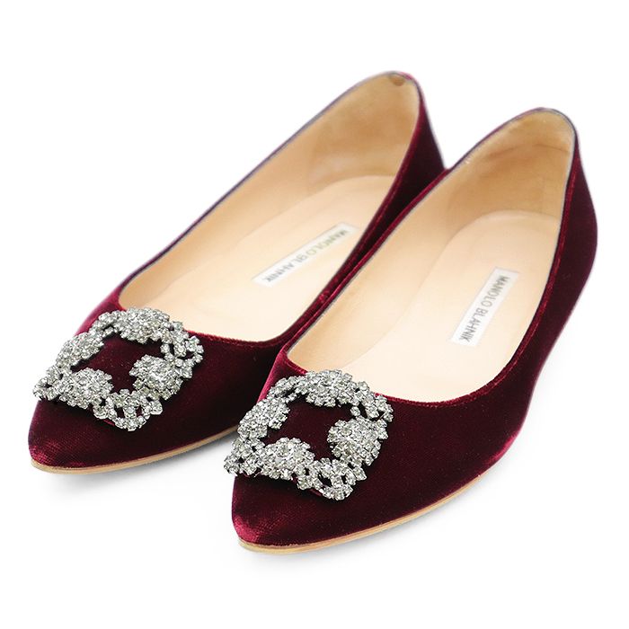 MANOLO BLAHNIK マノロブラニク フラットシューズ Hangisi Flat ハンギシフラット ベロア ベルベット クリスタルビジュー 装飾 ポインテッドトゥ パンプス シューズ 靴 袋付属 レディース サイズ 37 バーガンディ 伊製