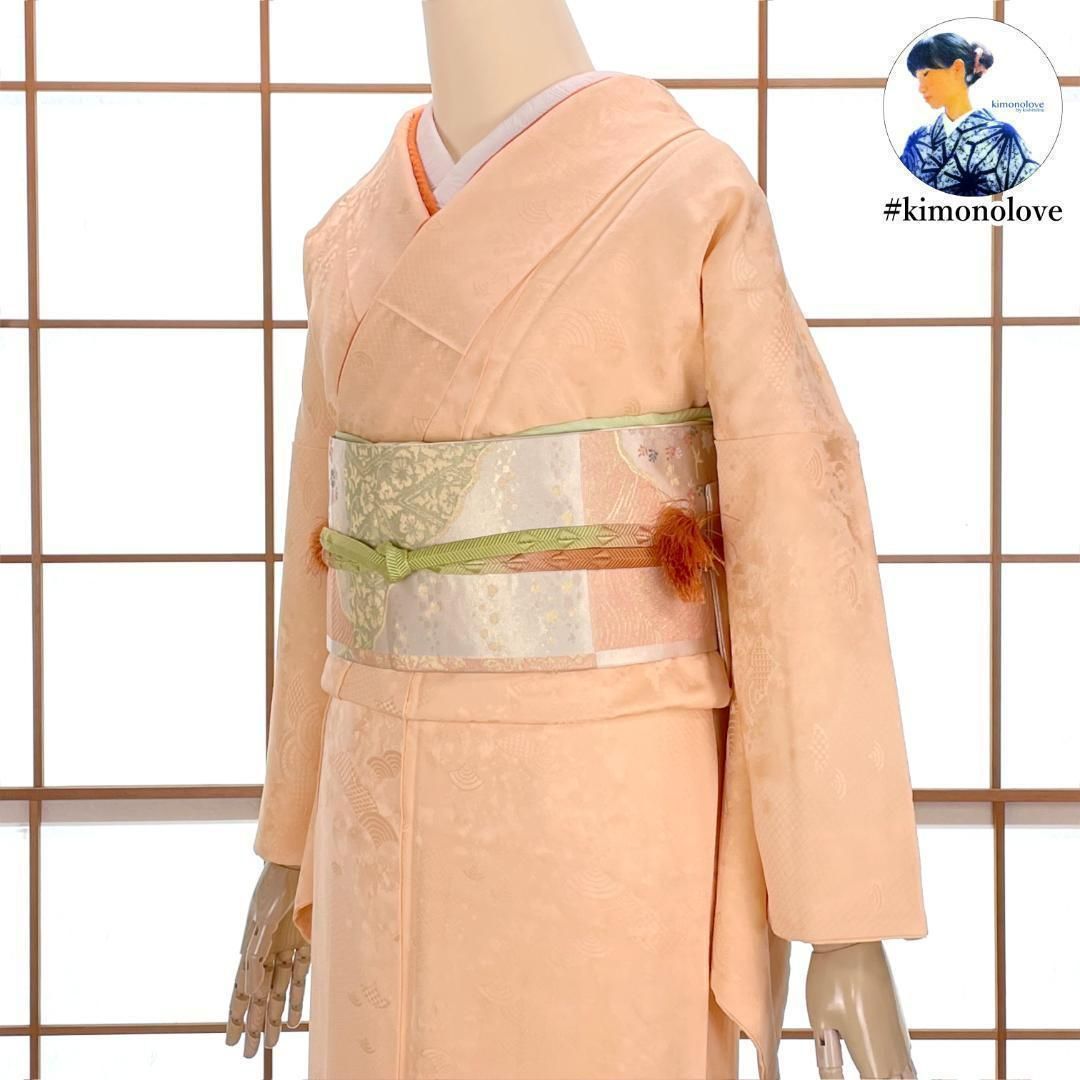 色無地 着物 一つ紋 正絹 雲取りに青海波 ペールオレンジ kimonolove