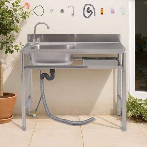 Kennkari 流し台 ステンレス製 屋外 蛇口水栓付き 蛇口左右に付けれる 簡易式 ガーデンシンク 深型シンク 収納棚付 高さ調節 作業台 キッチン 台所 簡易 シンク 自立型 頑丈 錆びにくい 組み立て簡単 L80xW50xH90cm 85de4bb3