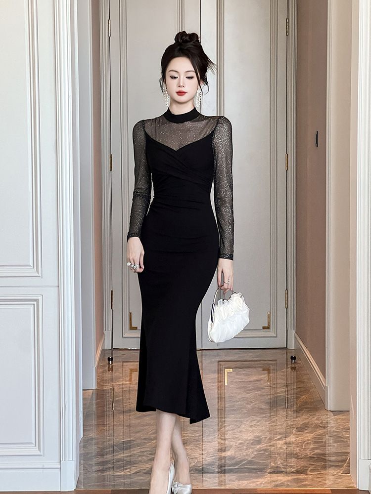 シースルーレース長袖 膝丈タイトドレスワンピース 黒 結婚式 お呼ばれ パーティー 韓国 レディース ドレス vii 4 w 978667