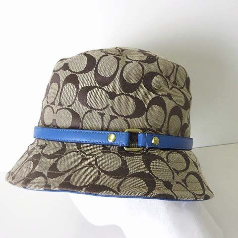  コーチ COACH シグネチャー バケットハット キャンバス 帽子 ハット ぼうし ラムレザーベルト M～L ベージュ ブラウン 水色 ライトブルー その他 帽子