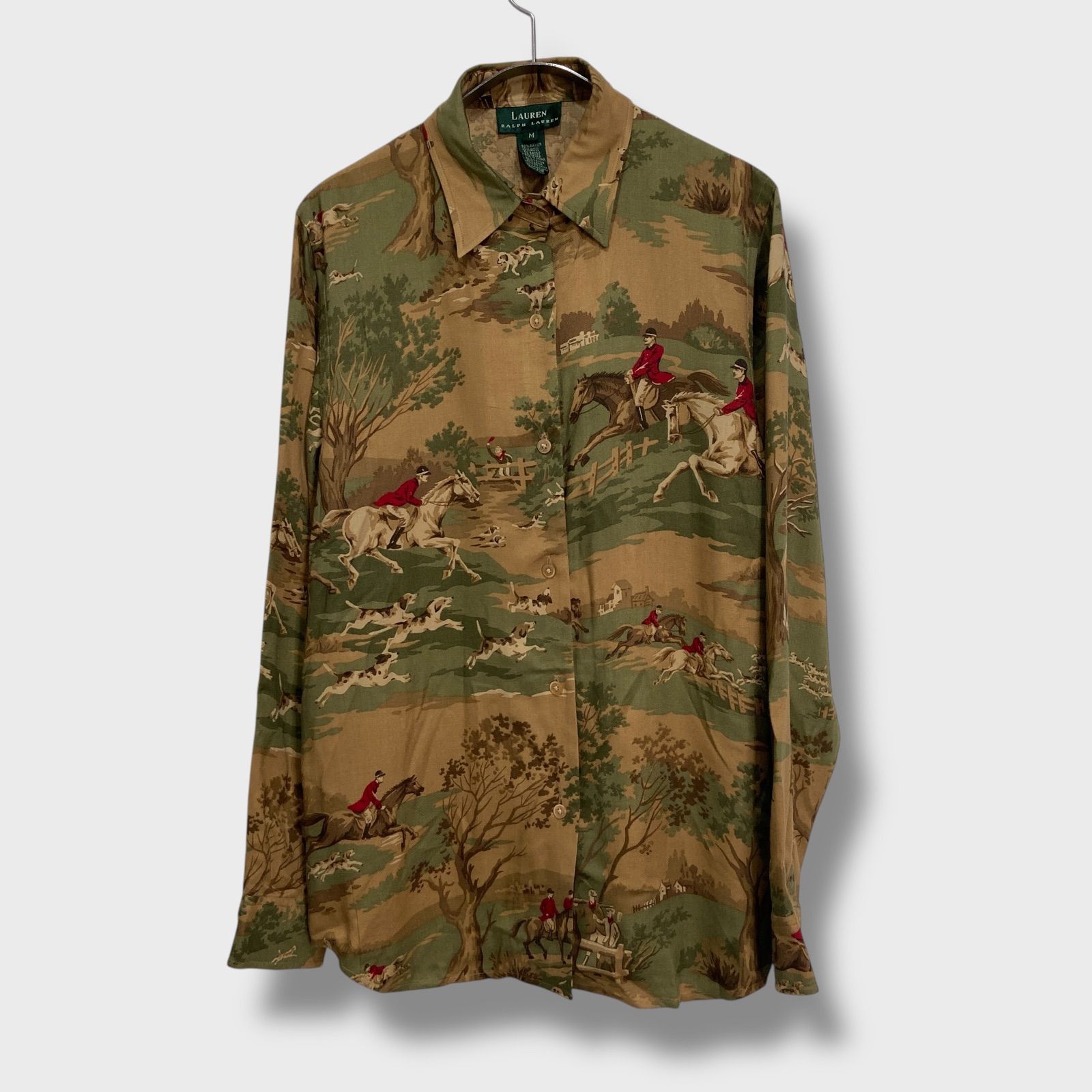 ☆LAUREN RALPH LAUREN☆ラルフローレン☆総柄シャツ☆乗馬柄☆長袖シャツ☆ブラウン☆レディースM☆風景☆絵画☆イラスト☆K25M