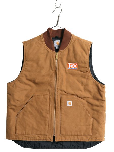 なクーポン配布中! US企画 カーハート 中綿 ダック ベスト メンズ XL ナイロン キルティング ライナー 重ね着 前開き ワーク 大きいサイズ 茶