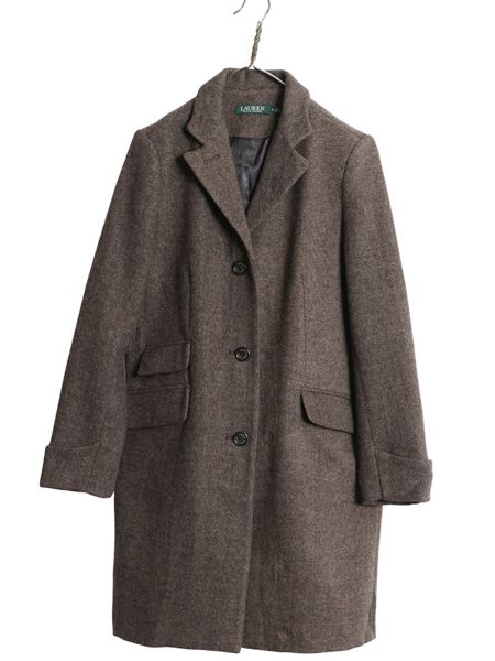 なクーポン配布中! ローレン ラルフローレン チェスター コート レディース M 程 古着 ポロ ウール ツイード ロングコート テーラード ジャケット きれいめ 茶