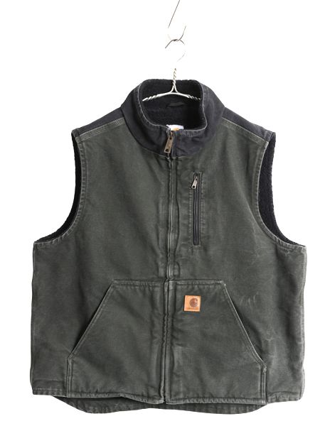 なクーポン配布中! US企画 カーハート モックネック ダック ベスト メンズ L 裏 ボア パイル フリース フルジップ ワーク 重ね着 前開き モス グリーン 黒 MOS
