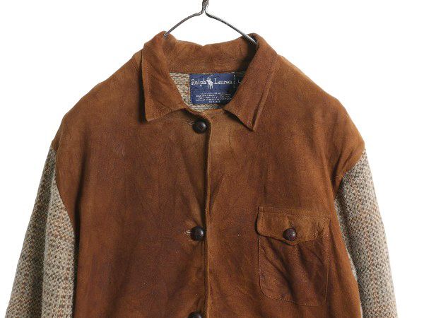 なクーポン配布中! 80s ラルフローレン 本革 レザー ニット ジャケット レディース L ポロ ヴィンテージ 鹿革 ディアスキン スウェード ハンティング セーター