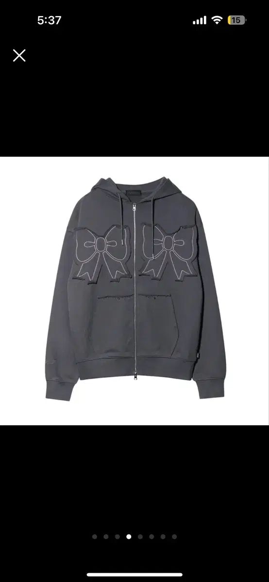  ユーヒー チャコール リボン 刺繍 ジップアップ パーカー トップス