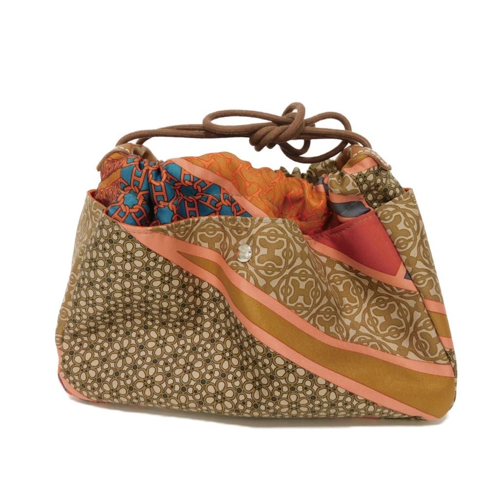  HERMES エルメス フールビ 20 CARRE EN 総柄 ブラウン 巾着 バッグインバッグ ネクタイの広場 シルク ヴォーバレニア オレンジ ポーチ その他 バッグ
