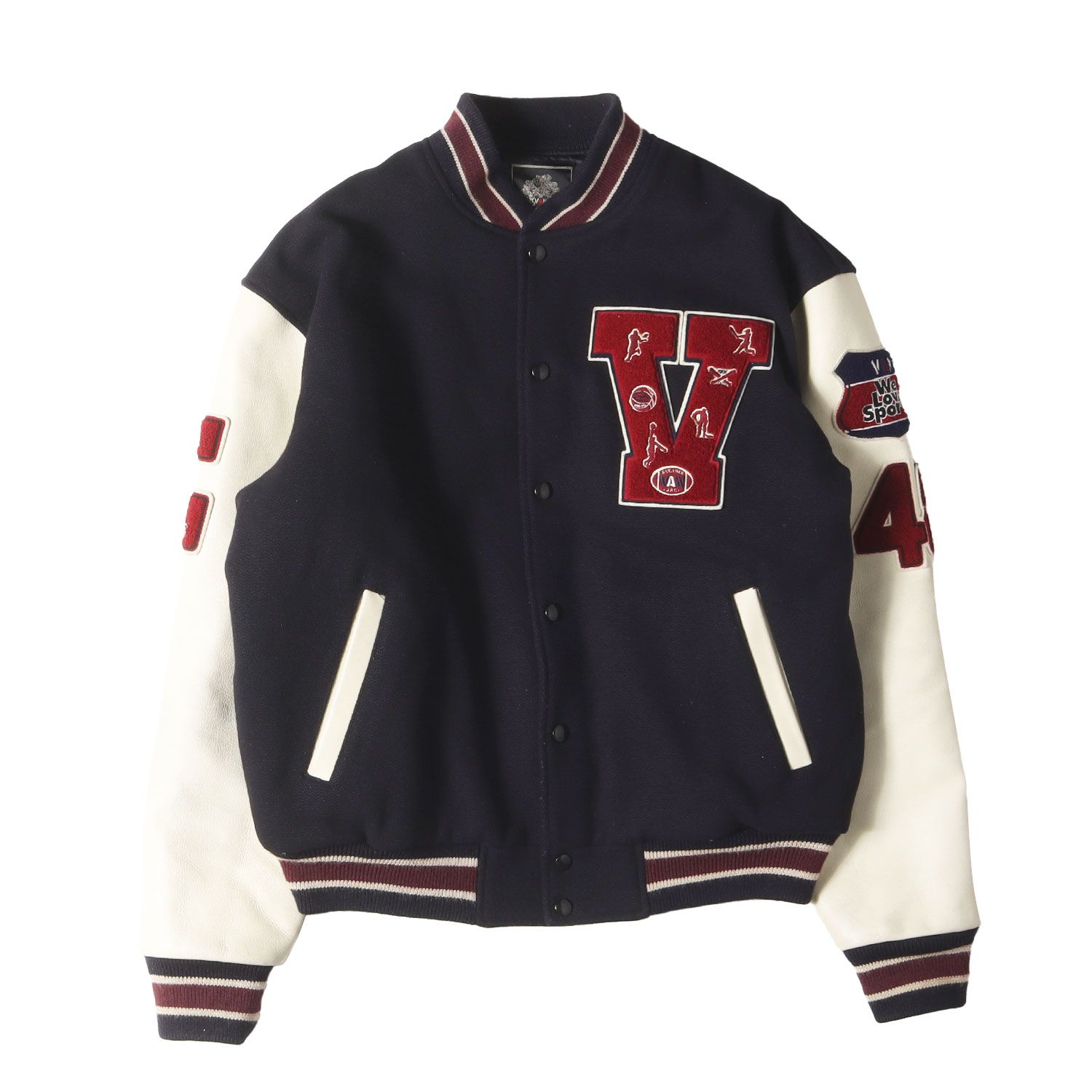 VAN ヴァン ジャケット ネイビー 紺 サイズ LL ワッペン付き 袖レザー メルトン スタジャン アウター ブルゾン 上着 メンズ