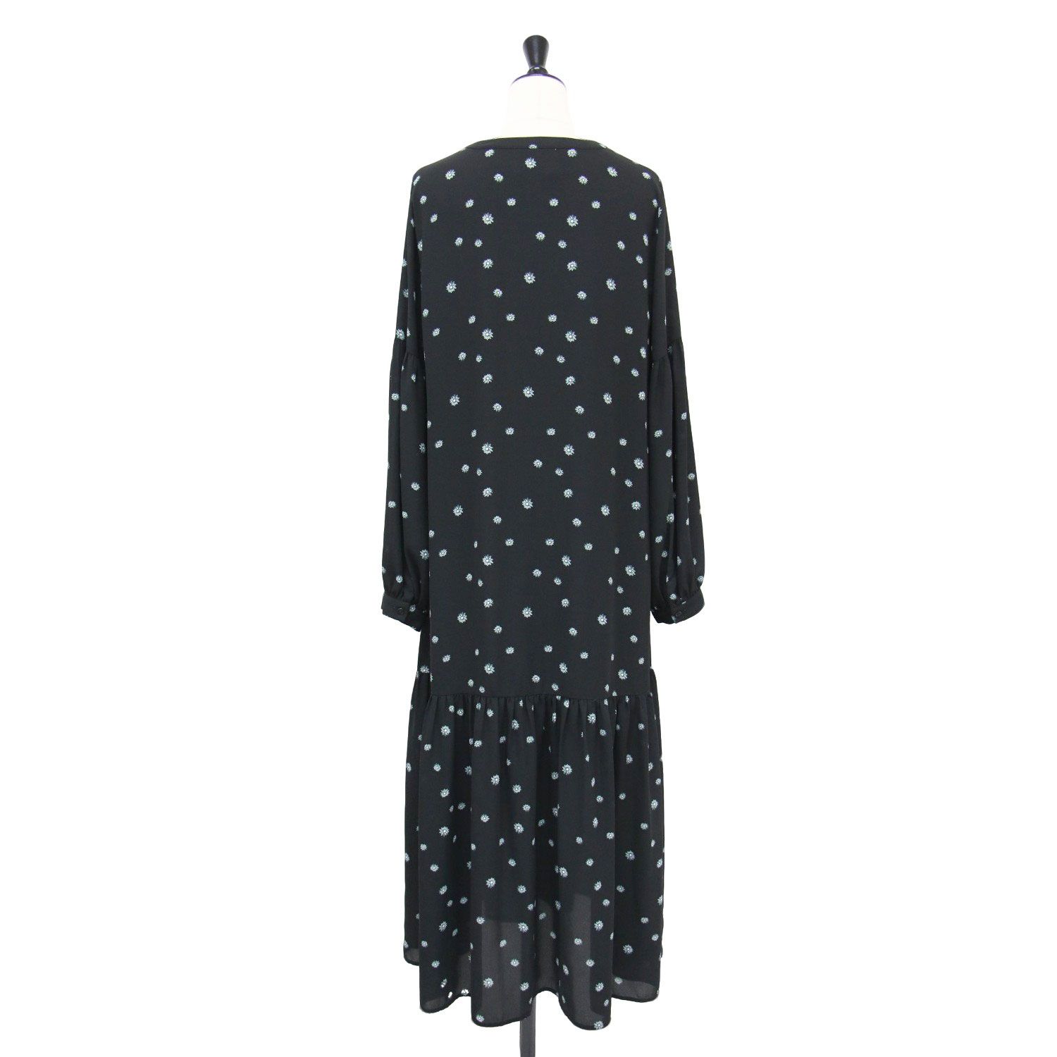 JUST ジャスト Spick-Span 別注 ワンピース ブラック 黒 サイズ 20秋冬 フラワープリント ドレス 長袖 マキシ丈 クルーネック タック フ トップス レディース
