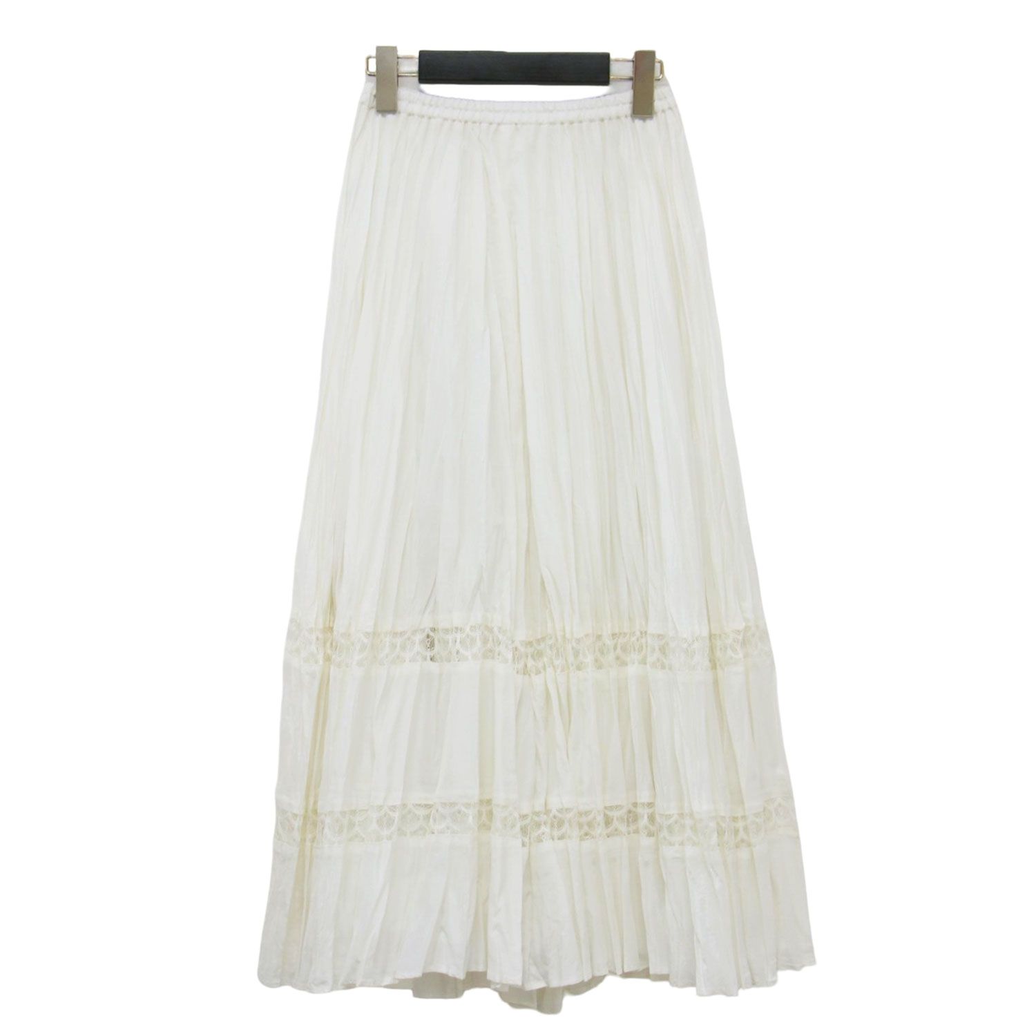 MIHOKO SAITO ミホコ サイトウ スカート ホワイト 白 サイズ 38 M 25秋冬 リンクルプリーツ レーステープ ティアードスカート Aライン ウエストゴム フ シワ加工 光沢 ボトムス レディース