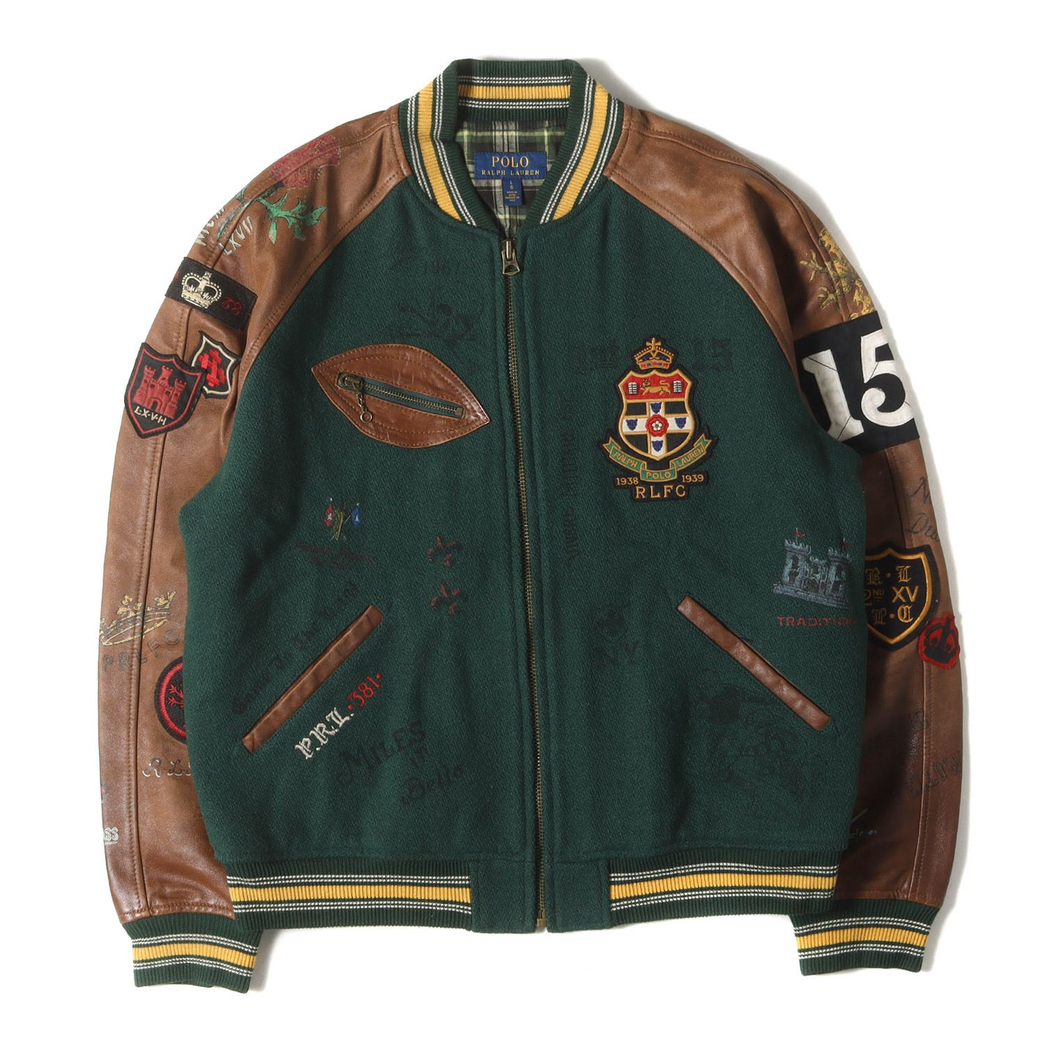 POLO Ralph Lauren ポロ ラルフローレン ジャケット グリーン ブラウン サイズ L 現行モデル ヴィンテージ加工 ペイント ワッペン フルデコ 袖レザー メルトンウール スタジャン アウター メンズ