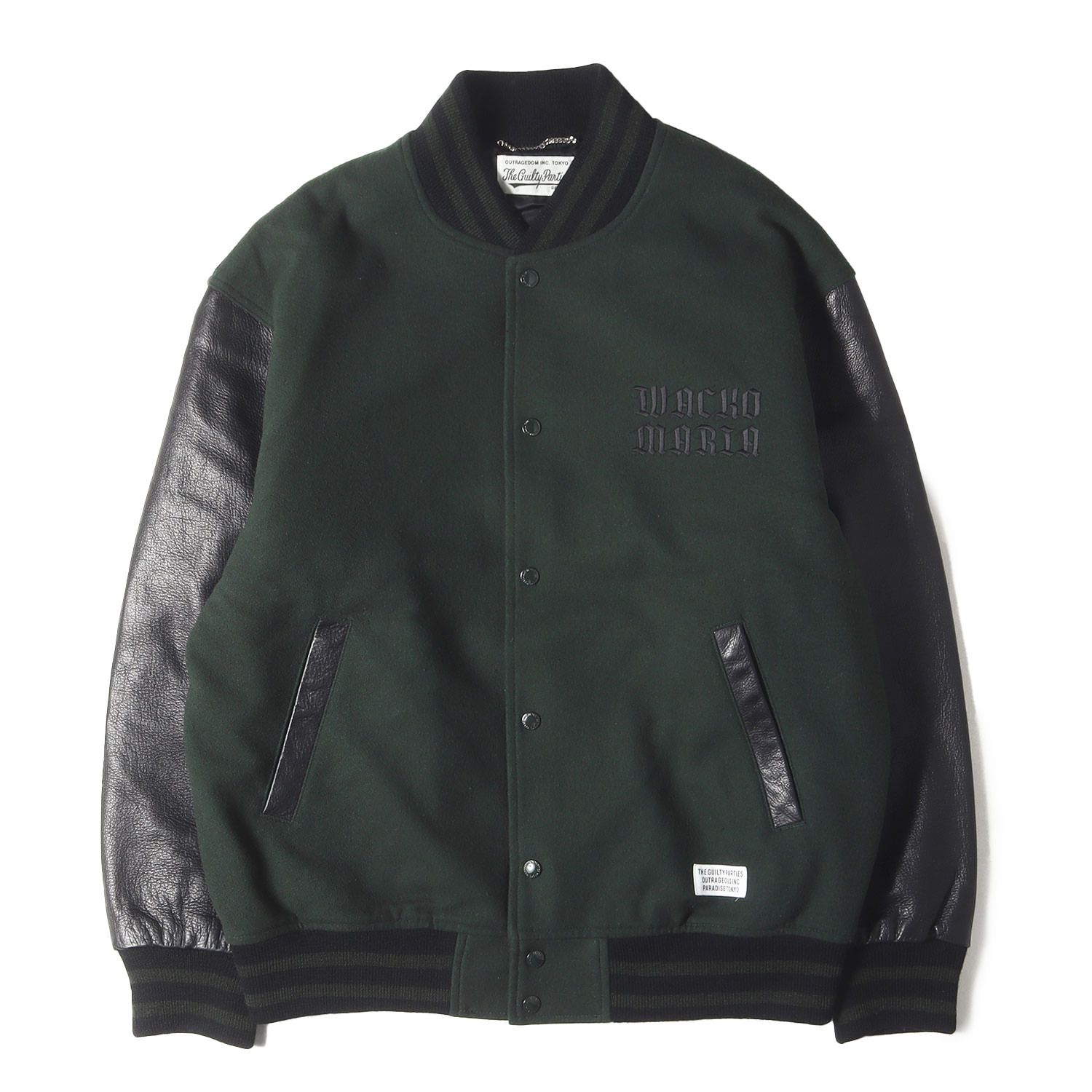 WACKO MARIA ワコマリア ジャケット グリーン×ブラック サイズ M 23SS ロゴ刺繍 袖レザー メルトン バーシティジャケット スタジャン LEATHER VARSITY JACKET アウター メンズ