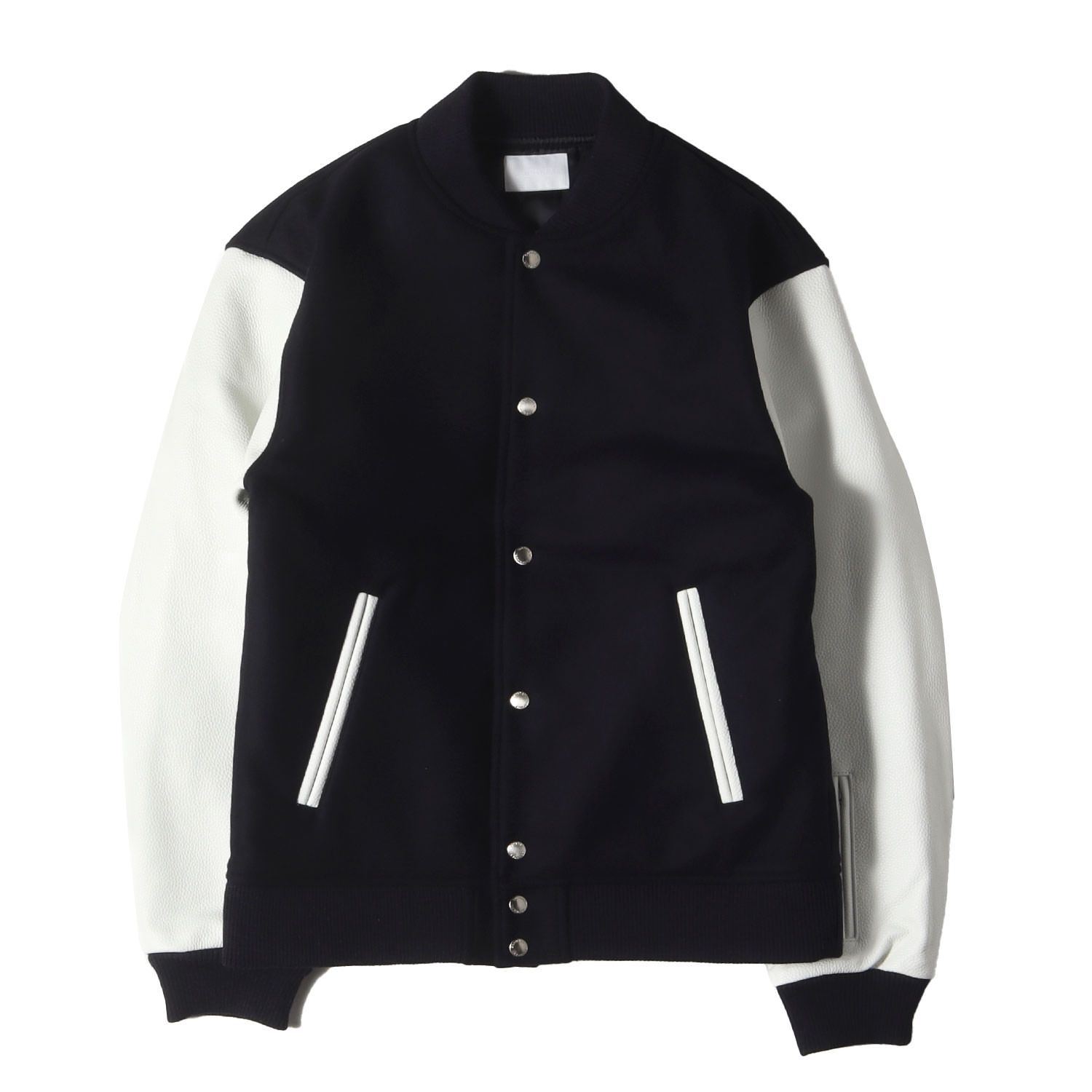 SOPHNET ソフネット ジャケット ネイビー ホワイト 紺白 サイズ 2 25AW 袖レザー ラムウールメルトン バーシティジャケット スタジャン MELTON LAMBSWOOL VARSITY JACKET メンズ
