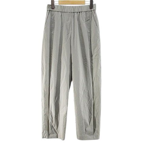 ラ イマージュ la IMAGE ストライプ柄 ロング丈 テーパード パンツ M 灰系 グレージュ ウエストゴム タック ストレッチ