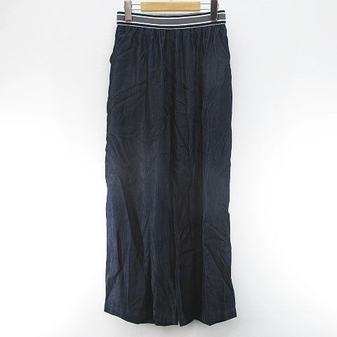 ラ イマージュ la IMAGE ロング丈 ワイドパンツ M 青系 ブルー 光沢 ウエストゴム デニム調