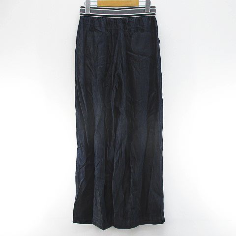 ラ イマージュ la IMAGE ロング丈 ワイドパンツ M 青系 ブルー 光沢 ウエストゴム デニム調