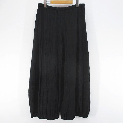 エイココンドウ EIKO KONDO ロング丈 ワイドパンツ ジップフライ F 黒系 ブラック 無地 シワ加工 タック 裾ゴム 裏地