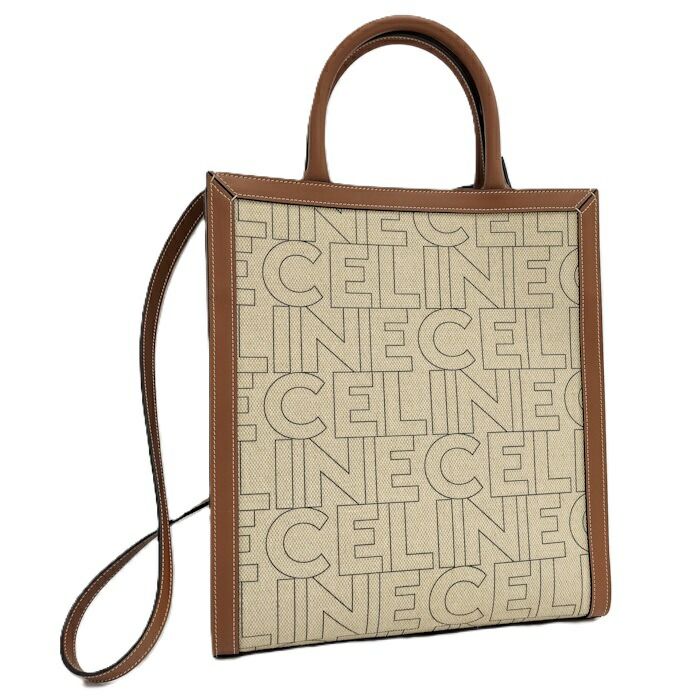 CELINE 2WAYショルダーバッグ スモール バーティカル カバ キャンバス レザー ライトベージュ ブラウン