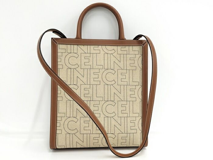 CELINE 2WAYショルダーバッグ スモール バーティカル カバ キャンバス レザー ライトベージュ ブラウン