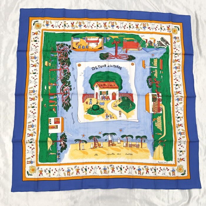 Hermes カレ90 大判スカーフ RETOUR A LA TERRE 故郷に帰る シルク100％ マルチ