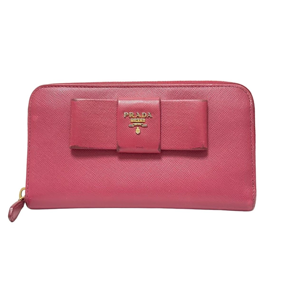 PRADA(プラダ) 長財布 - ピンク リボン/ラウンドファスナー レザー