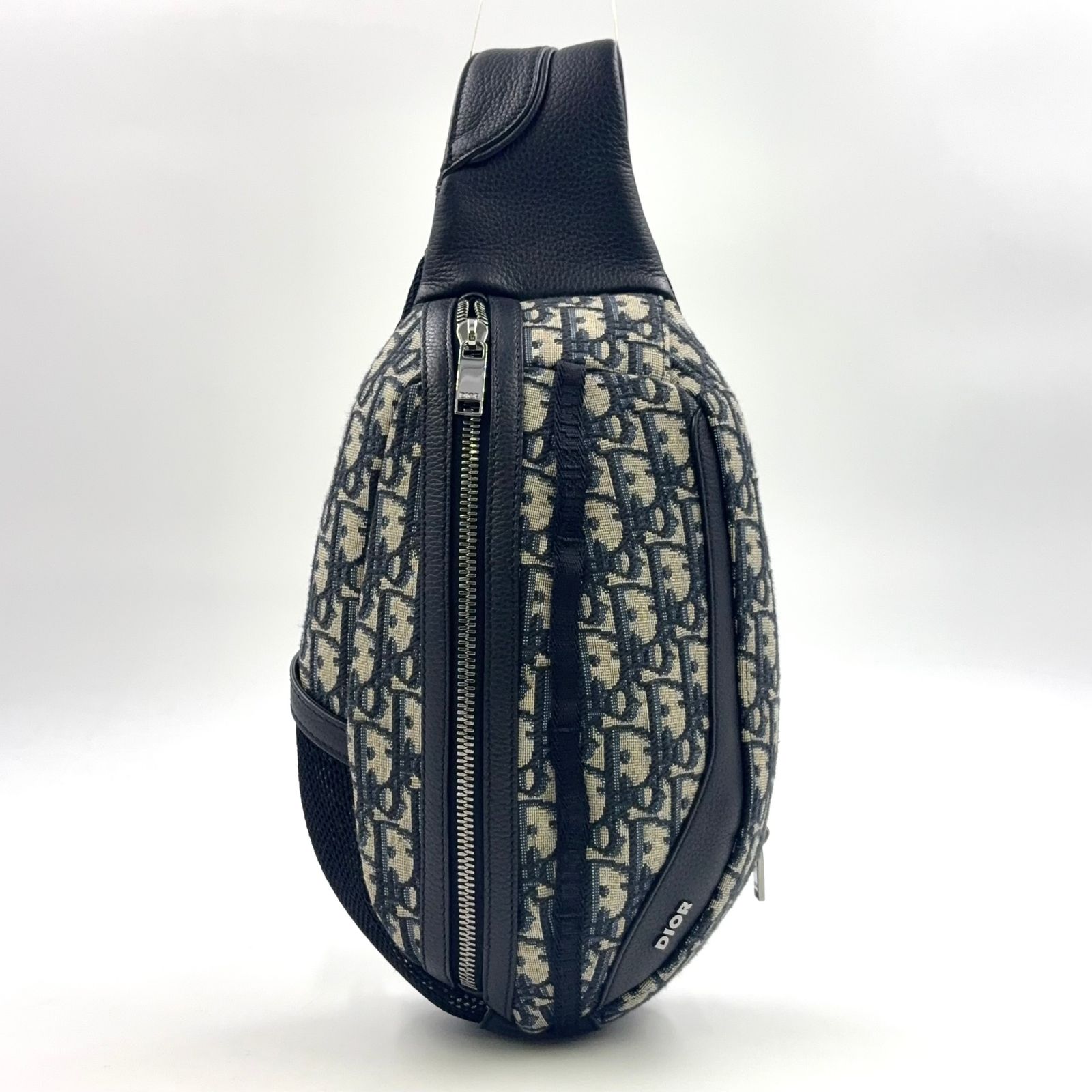 Christian Dior スカラベ オブリーク レザー×キャンバス ブラック×ベージュ ボディバッグ シルバー