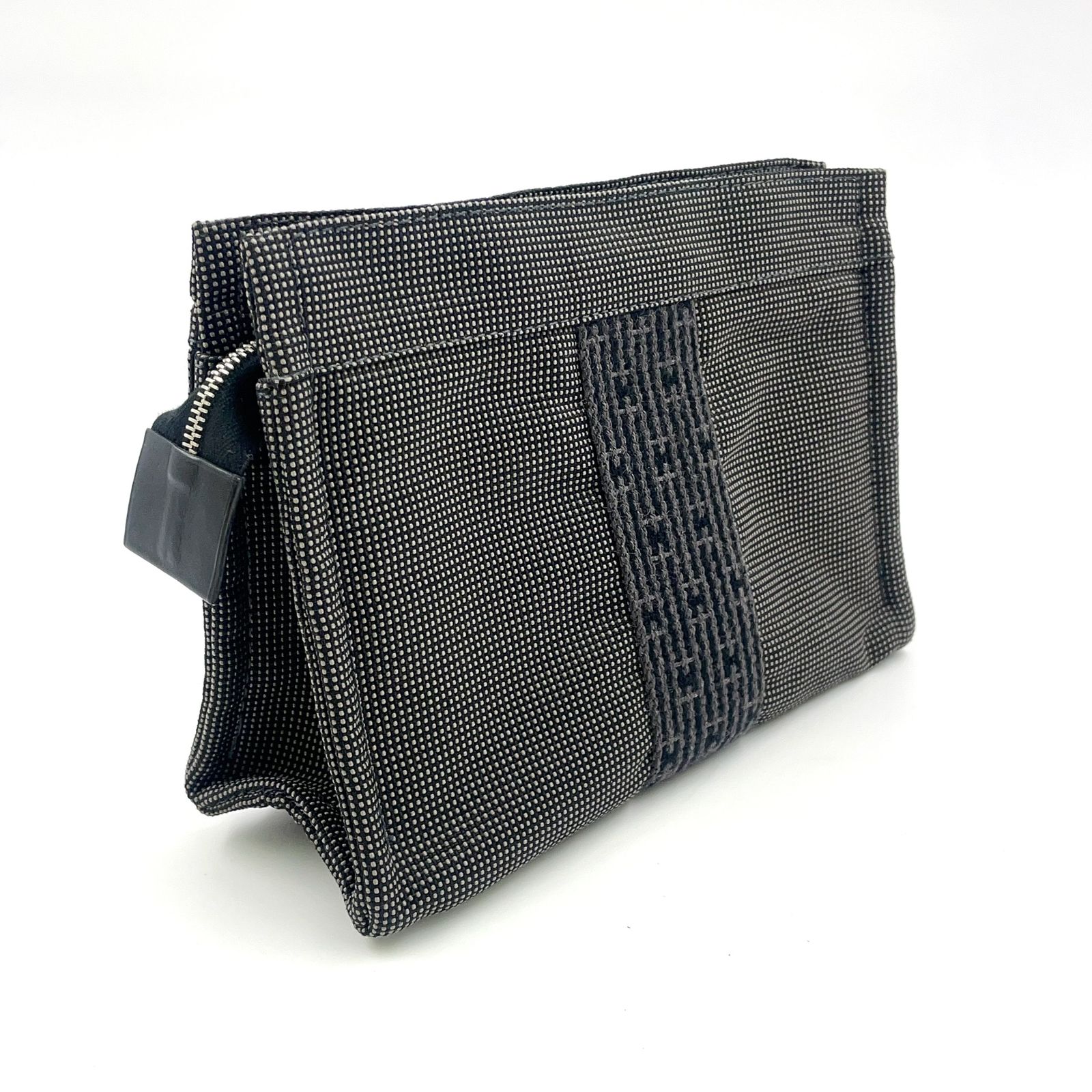 HERMES エールライン キャンバス ダークグレー ポーチ シルバー