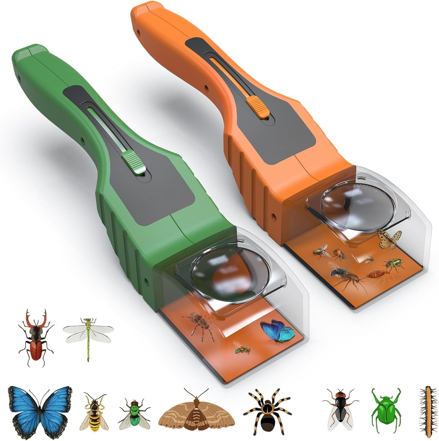 虫キャッチャー バグキャッチャー 捕虫器 虫取り 虫捕り 蜂捕り器 ハエ ゴキブリ カメムシ 蛾 クモ 蝶の捕獲 昆虫採集 拡大鏡で虫の観察 片手操作 触れない 触らず逃がす 小型 軽量 部屋 室内室外 家庭 に適用 子供 グリーン＆オレンジ