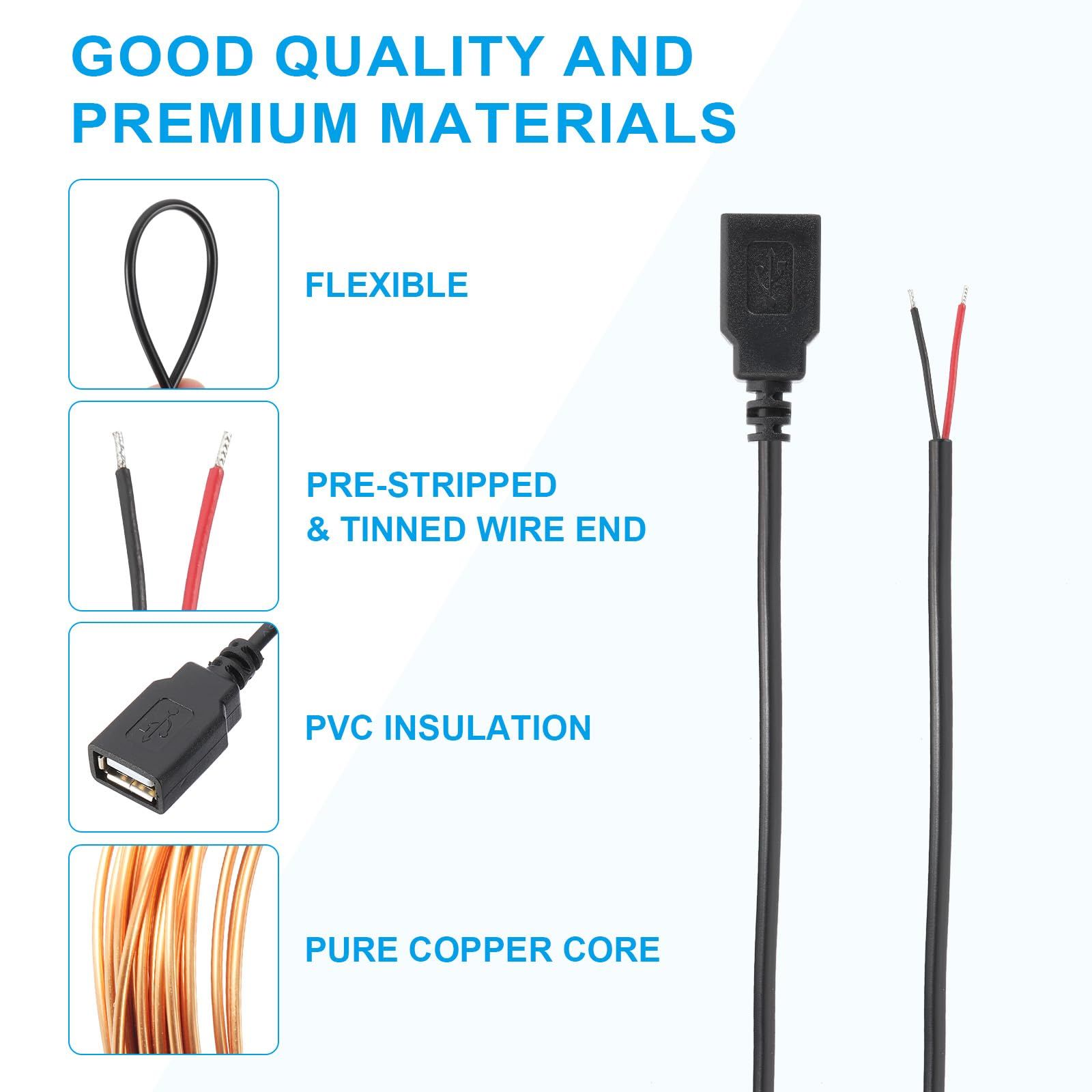  PATIKIL 1フィート U S B 2 0 メス 2ピン 裸線ピグテールケーブル 22 AW G 電源コード延長コネクタアダプタ 充電機器 DIY 修理用 黒 USBケーブル PCケーブル コネクタ