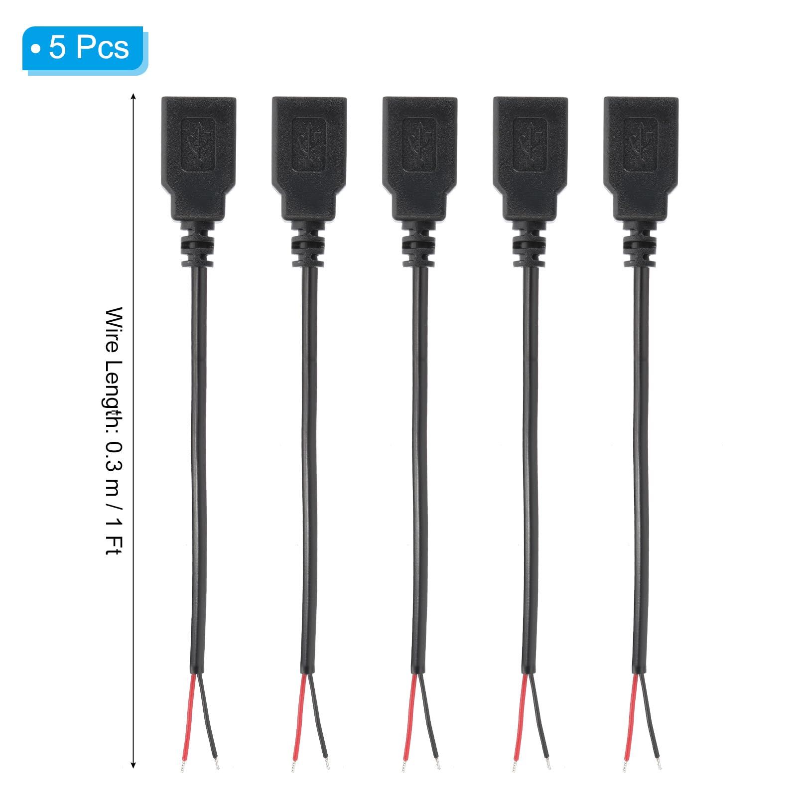 PATIKIL 1フィート U S B 2.0 メス - 2ピン 裸線ピグテールケーブル 22 AW G 電源コード延長コネクタアダプタ 充電機器 DIY 修理用 黒