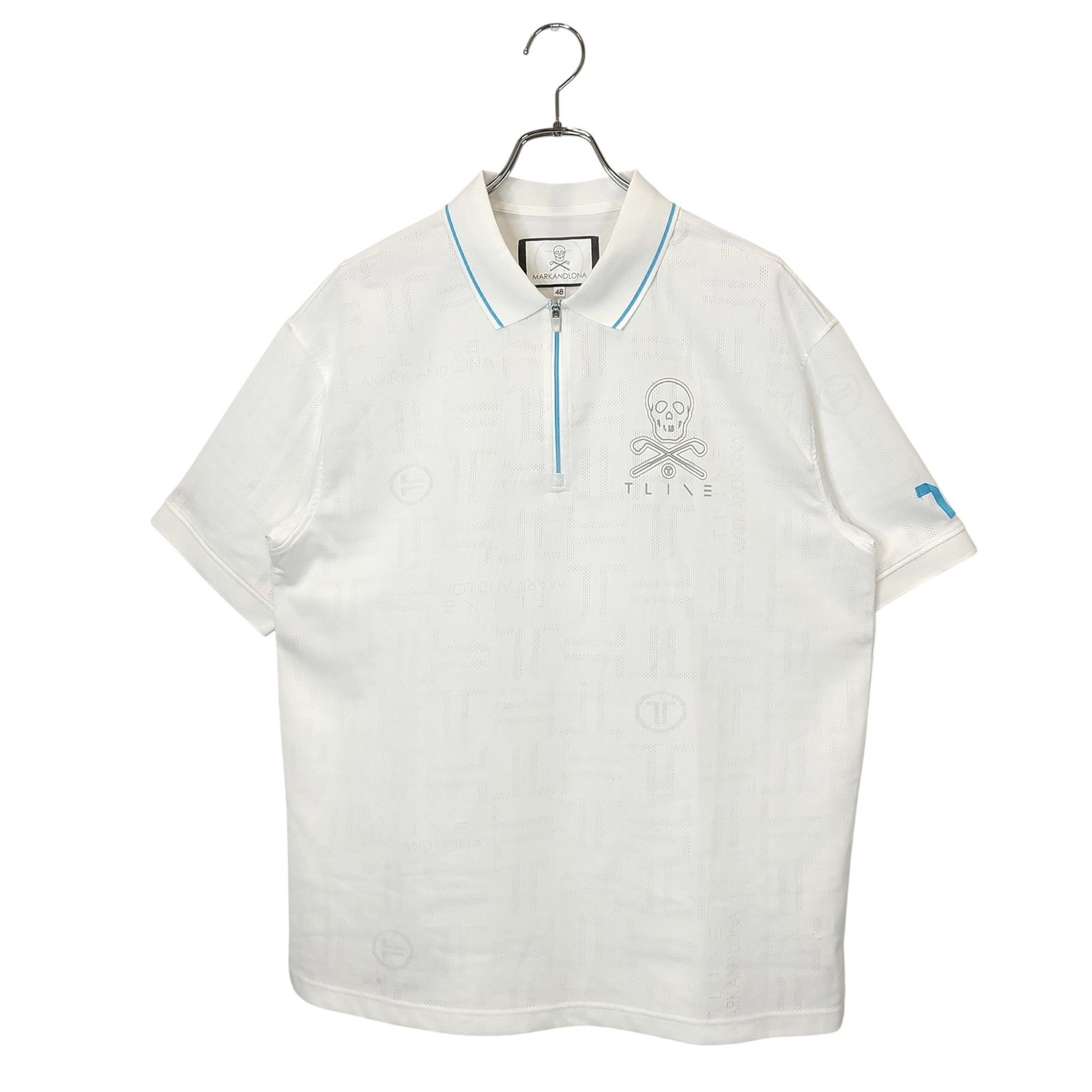 MARK&LONA マークアンドロナ ゴルフ 25SS T-MARK PATTERN POLO 半袖 ジップ メッシュ ポロシャツ MXM-5A-AP01 48 ホワイト ライトブルー メンズ