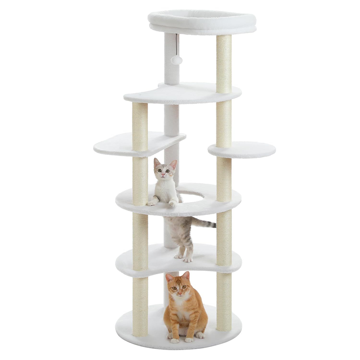 ぺテぺラ キャットタワー スリム 大型猫用 猫タワー 多頭飼い おしゃれ かわいい インテリア 据置 麻紐 爪とぎ おもちゃ コンパクト 省スペース 運動不足解消 倒れ防止策 - 高さ154 cm ホワイト 白 アイボリー