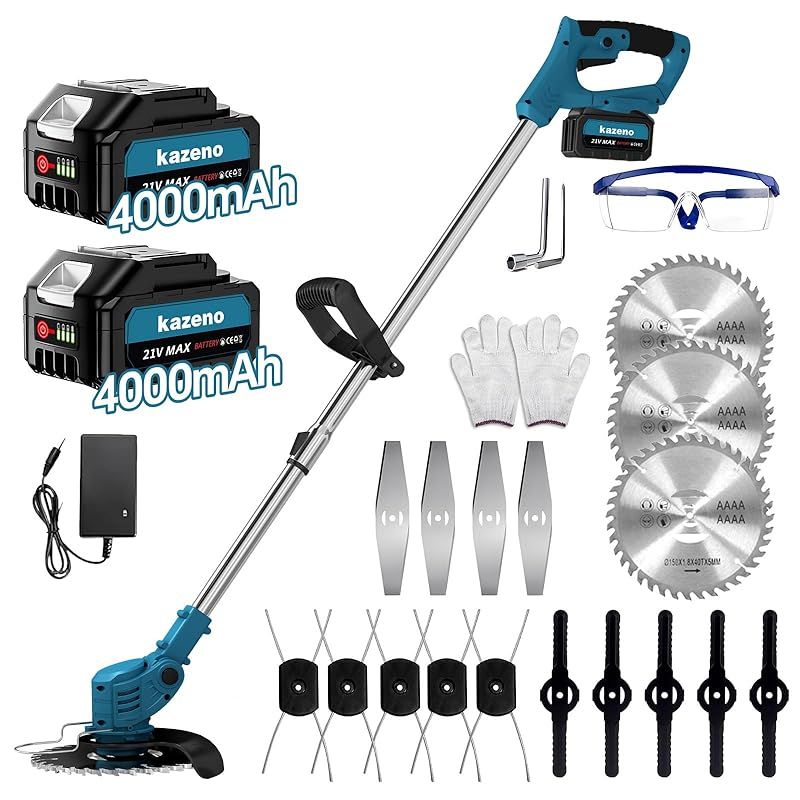 kazeno 2025新登場 草刈り機 充電式 コードレス 芝刈り機 4000mAh大容量バッテリー2個付属 軽量 電動草刈り機 LED電池残量表示付 高効率チップ 多地形 伸縮 角度調整 4種類の替刃で芝生 枝切り 畑 雑草 植木対応 家庭用 農業園芸用機器