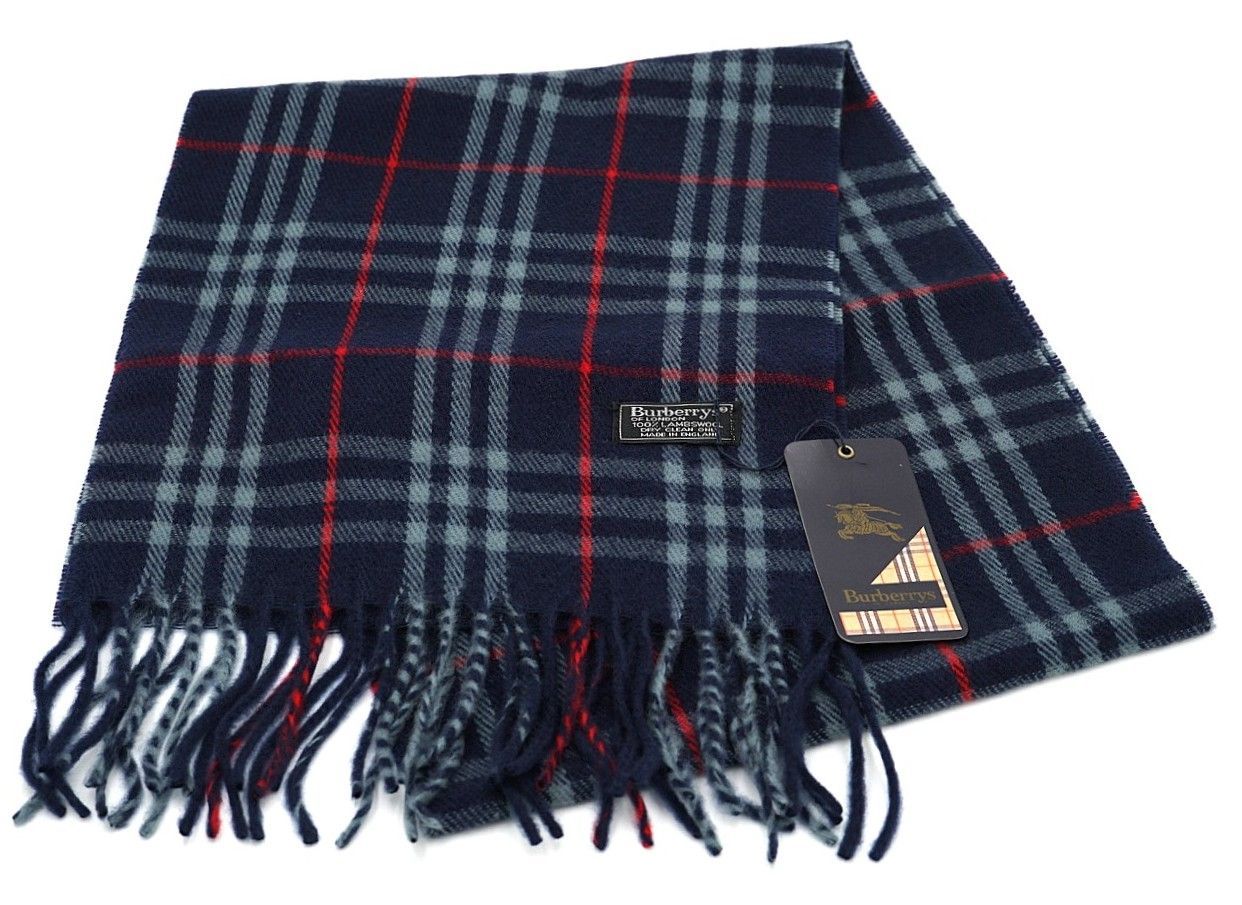 Burberrys ヴィンテージ バーバリーチェック柄フリンジスカーフ マフラー ネイビー