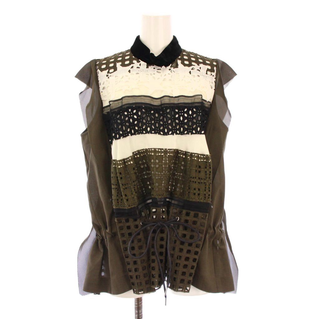 サカイ sacai シャツ ブラウス プルオーバー スタンド レース 切替 ウール混 3 カーキ BB