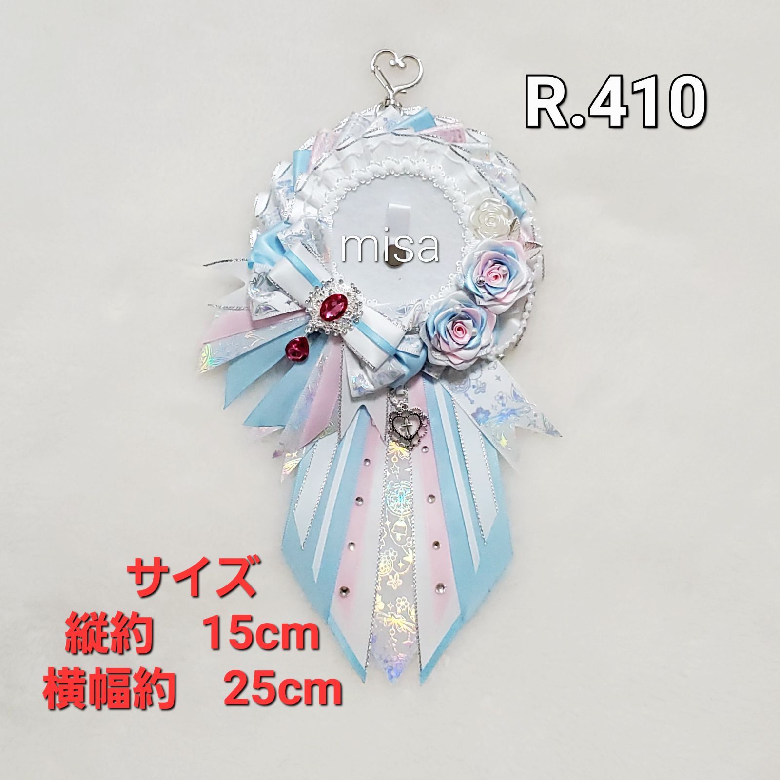 オーダー】 痛ロゼット 白 ×ピンク×水色 痛バ 薔薇 リボン カラー変更