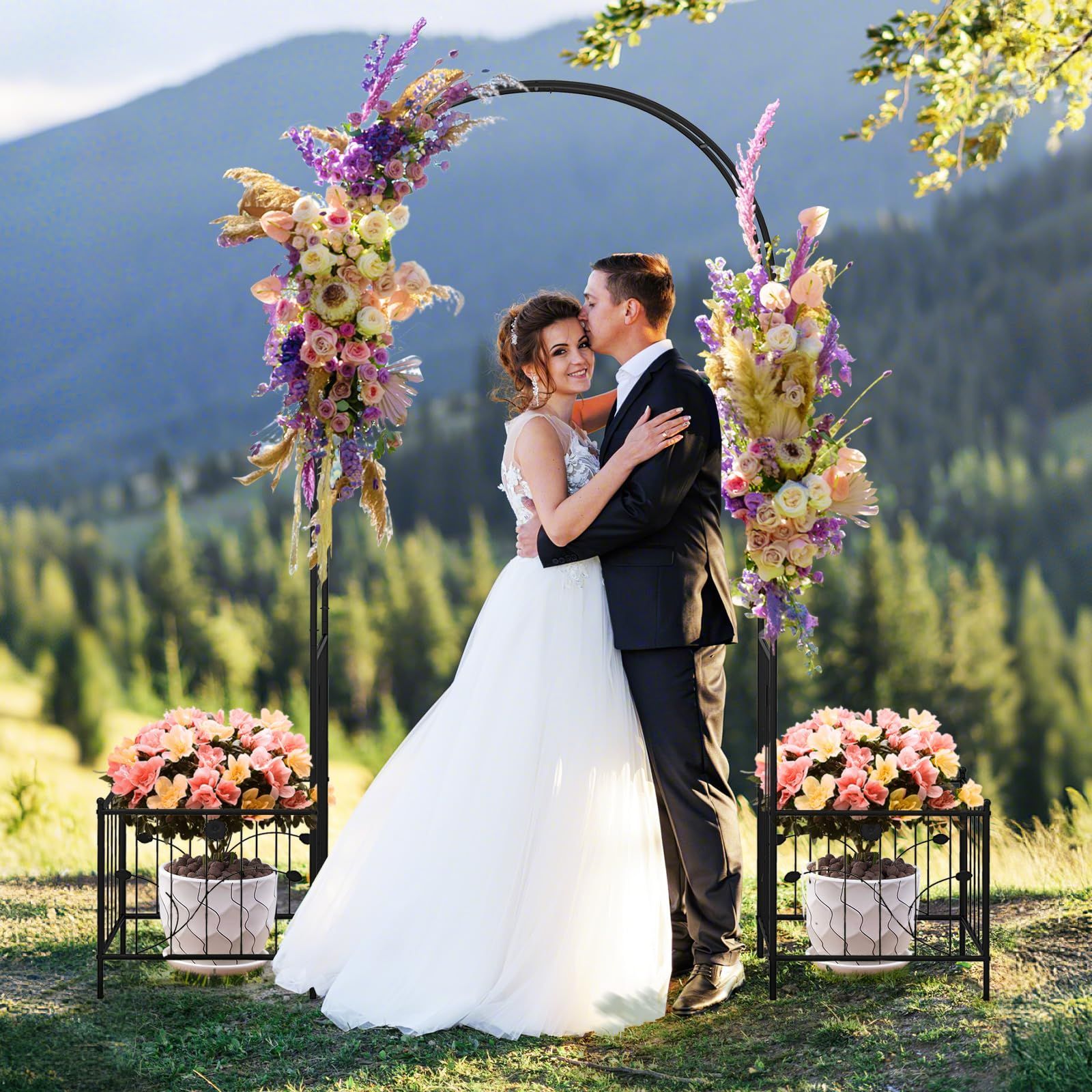 GYMAX ガーデンアーチ 大型 パーゴラ バラアーチ 亜鉛メッキ 鉄パイプ 園芸用品 ガーデニング バラ ブドウ ツタ つる植物 イルミネーション飾り マルチ機能 一年中楽しめる 長持ち 頑丈 屋外 DIY 組立品 スパイク付き スタンド付