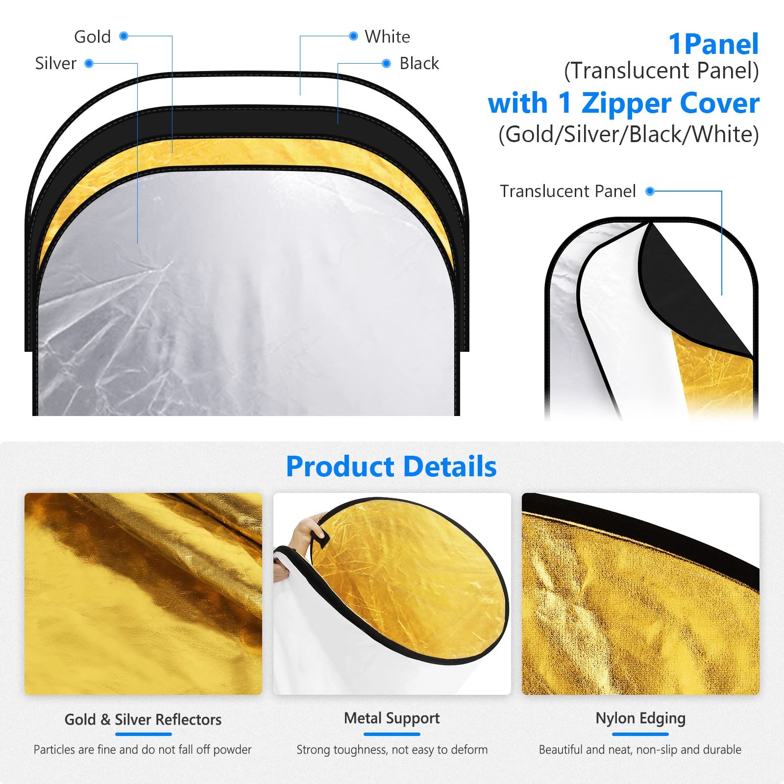NEEWER 150x200cm 写真用ライトリフレクター ポータブル 5in1 折りたたみ式マルチディスク バッグ付き 半透明 シルバー ゴールド ブラック ホワイトのディフューザー スタジオと屋外照明用 WWW_OPDRERGINERDOGAN_COM