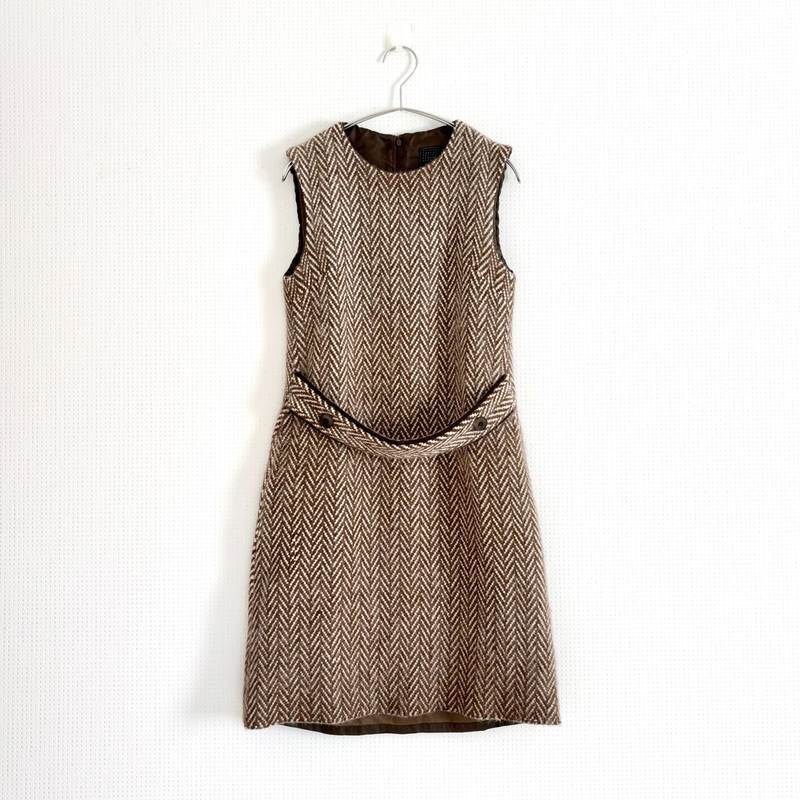 mina perhonen ミナペルホネン abeille ヘリンボーン ノースリーブワンピース ブラウン アンゴラ混 36サイズ P316