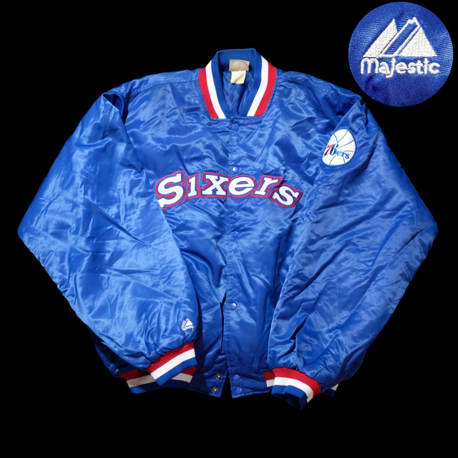 90 s Majestic NBA 76ers Sixers ナイロンスタジャン 特大サイズ マジェスティック HARDWOOD CLASSICS バスケ ビンテージ バーシティージャケット