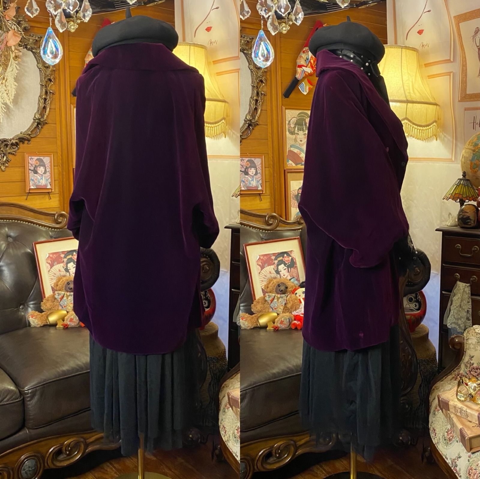  和洋折衷コーデ 和装ベロアコート セレクト5点セット 漆黒の夜に咲く紫の記憶 C 679 羽織 着物 浴衣