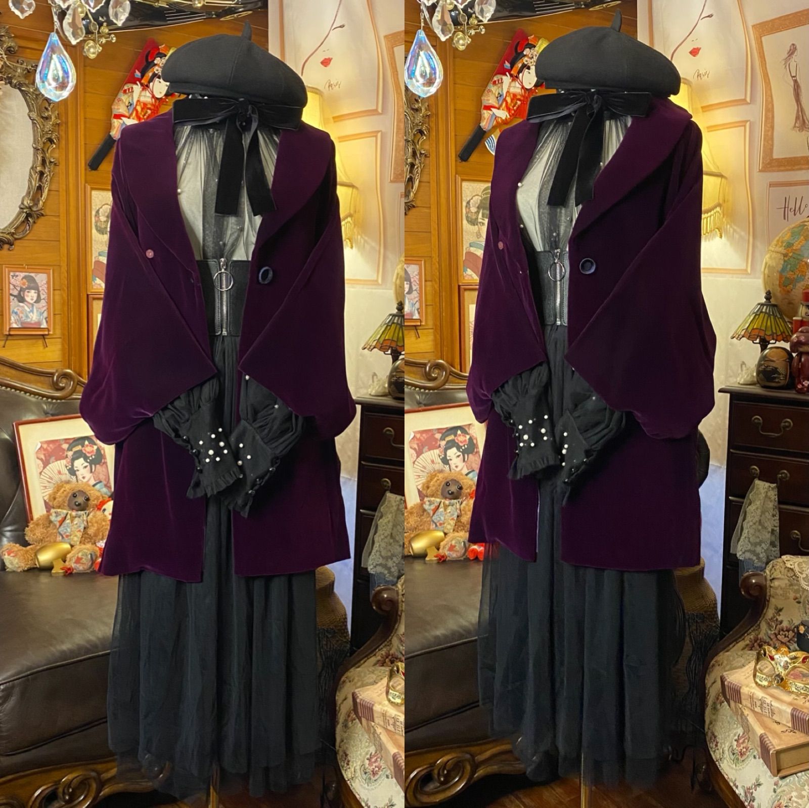 和洋折衷コーデ 和装ベロアコート セレクト5点セット 漆黒の夜に咲く紫の記憶 C 679