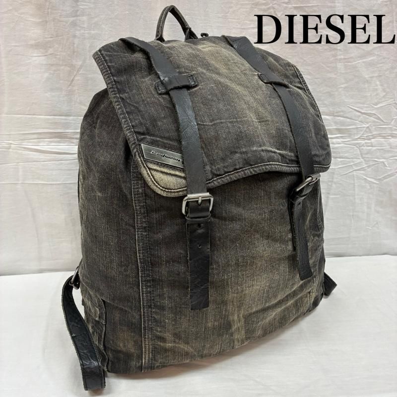 ディーゼル ブラック デニム レザー ストラップ ミリタリー 巾着 リュック バックパック グランジ Y 2 K メンズ - ISItems 古着