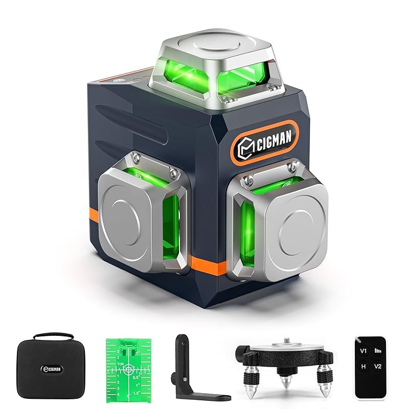 CIGMAN 3 Dレーザー墨出し器 リモートコントロール x 360°グリーンレーザー 30メートル作業範囲 磁気回転スタンド Type C充電ケーブル付き CM 701