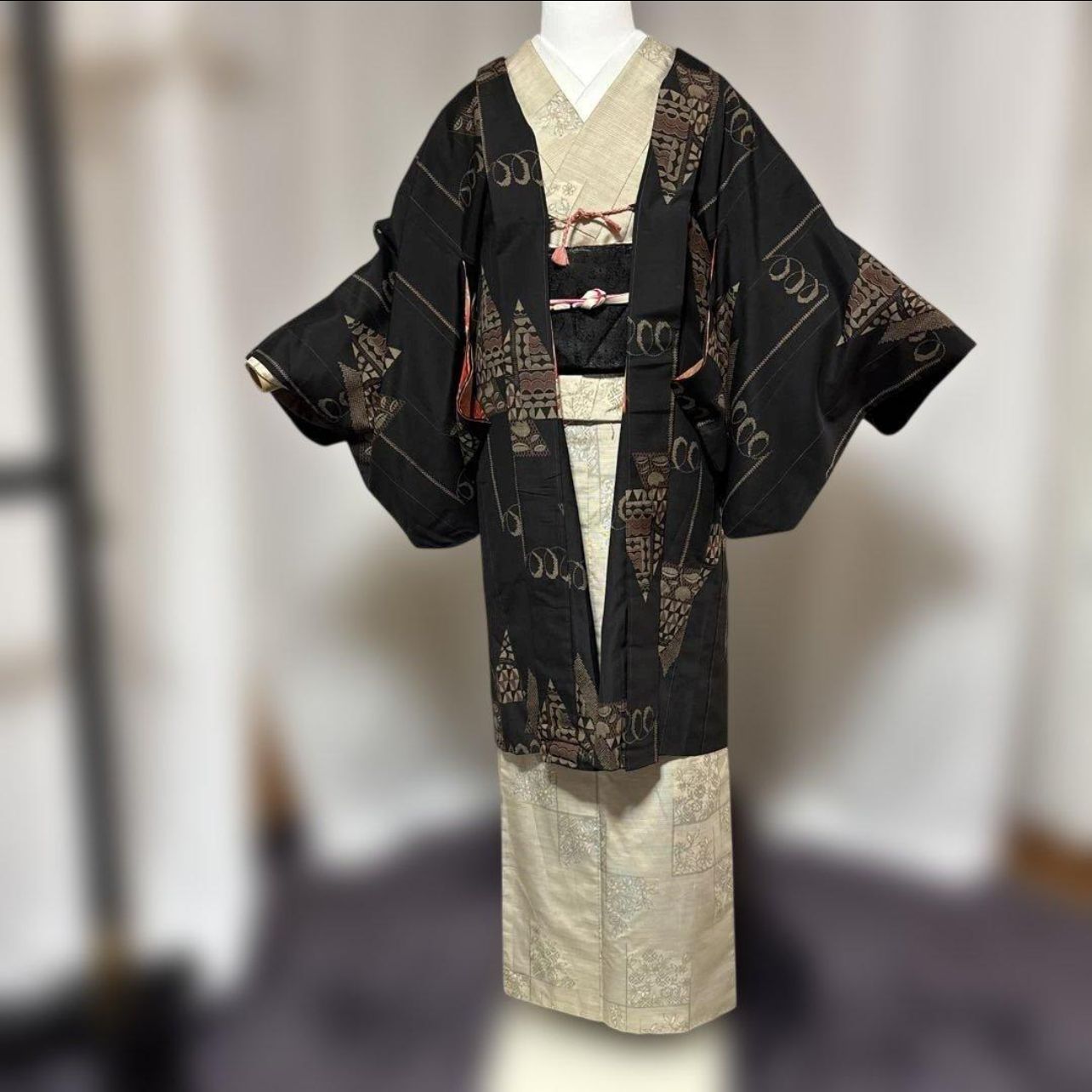 比較的 袷 正絹 大島紬 長羽織 一元式 多分本場奄美大島紬 Good Condition Silk Oshima Tsumugi Long Haori Ichigen shiki Weave Probably Amami Os