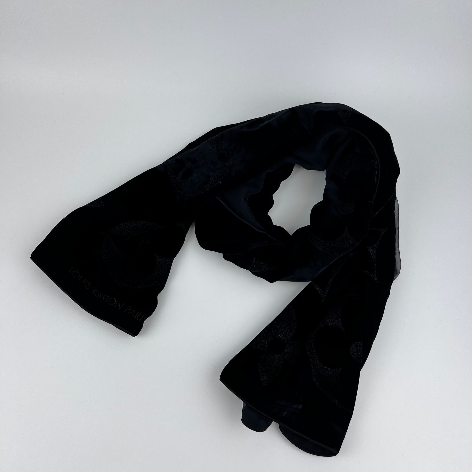 LOUIS VUITTON ルイヴィトン モノグラム ストール ベルベット レーヨン シルク ブラック ヴィンテージ レディース HIBUOCHI VINTAGE