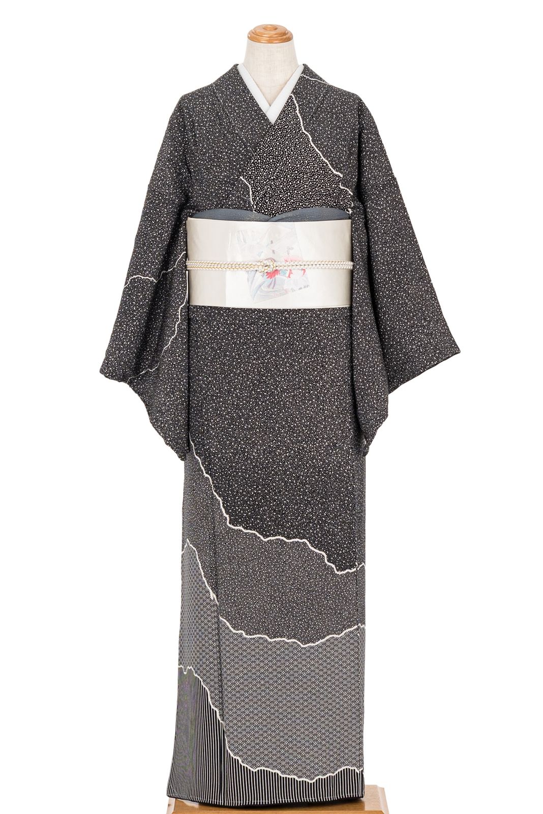 訪問着 霞取りに縞 花菱 大小霰 作家物 ゆったりサイズ