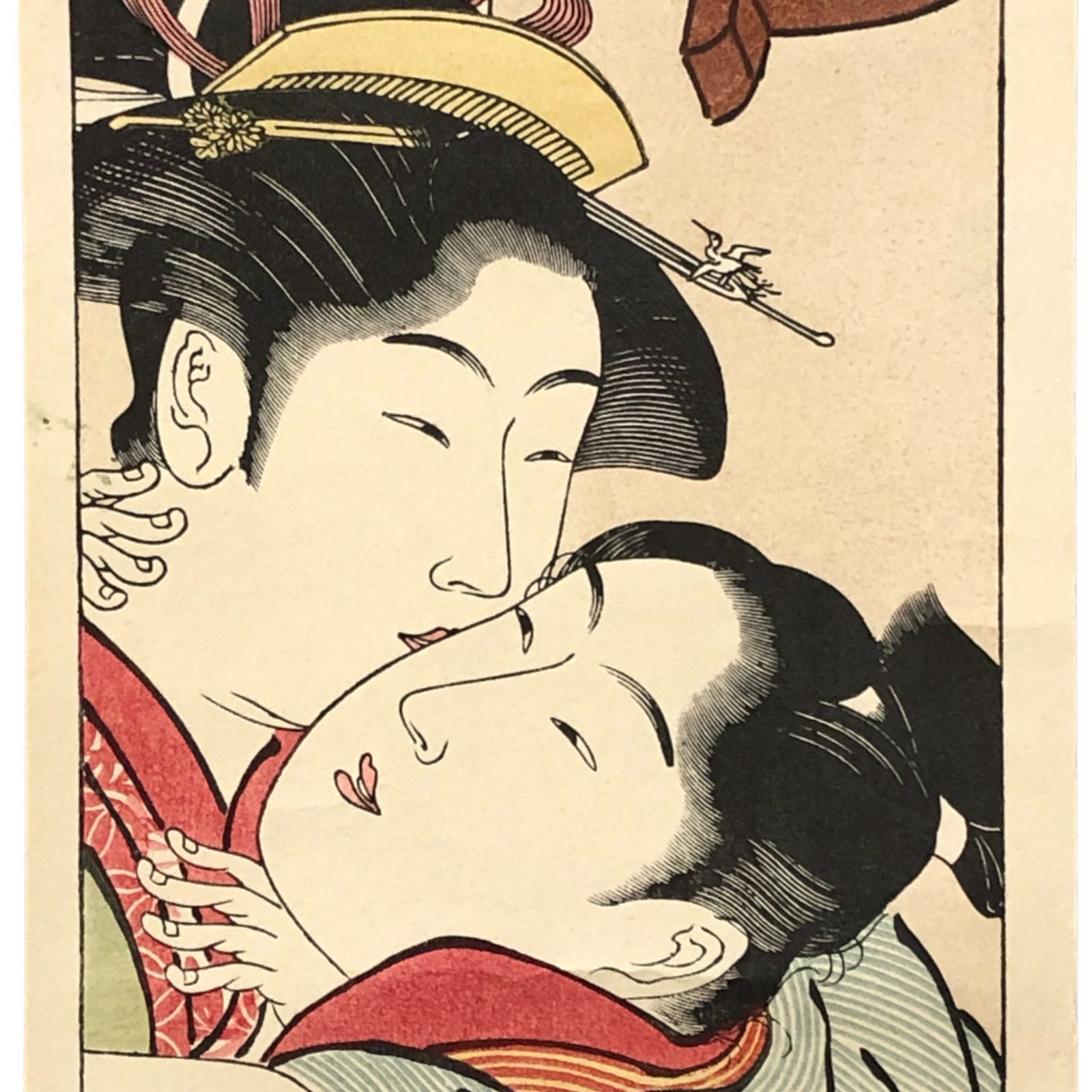 浮世絵 木版画 男女の情景　春画　① 春画 木版画 縦長 69×14cm 1 ☆浮世絵/艶本/枕絵/江戸文化/和本/版画