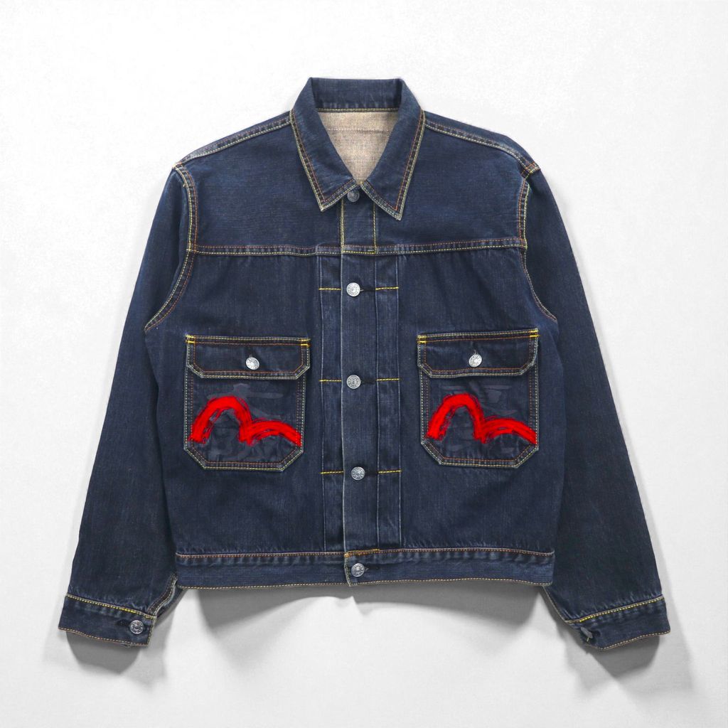 EVISU 2ndタイプ デニム トラッカージャケット Gジャン M 濃紺 インディゴ 赤 カモメ ペイント 東京 大阪 シンチバック セルヴィッヂ